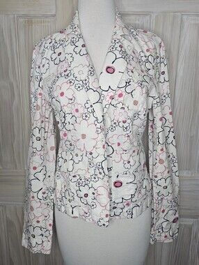 LOFT Off White Floral Blazer with Pink & Black Accents In Size 8